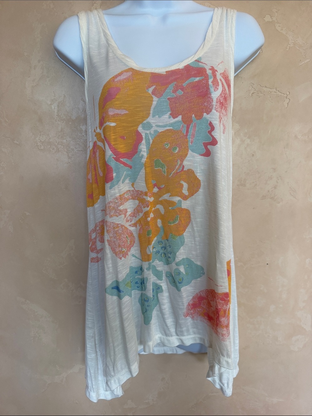 Chelsea & Violet Floral Print Tank Top - Cream with Coral & Teal